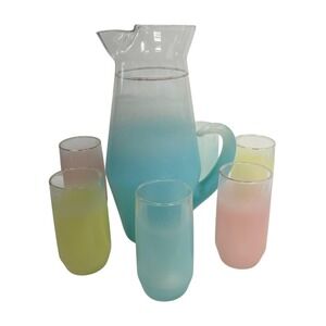 Blendo Ombre‎ Glass Pitcher and 6 Gradient Tumblers Pastels Hand-Blown
